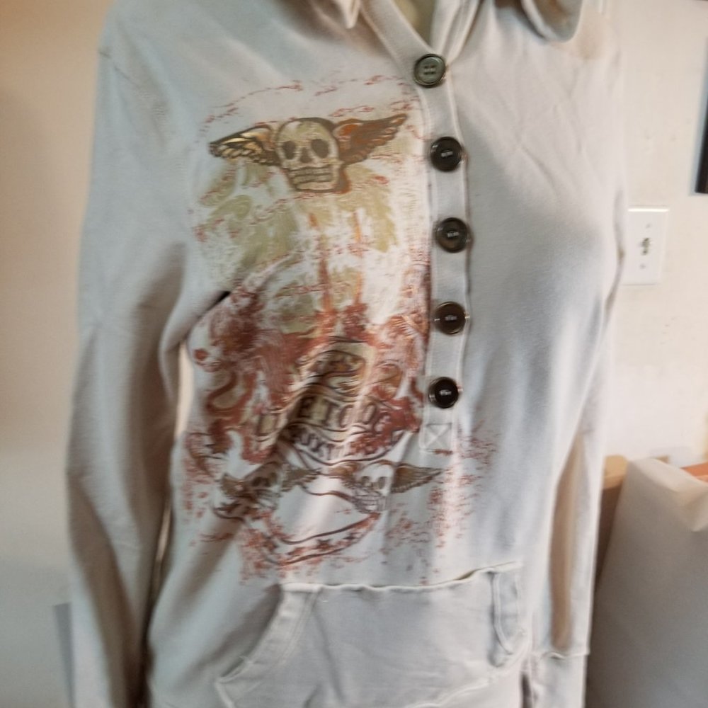 Pre-loved Beige Graphic Long Sleeve 3/4 Button Front Long Sleeve Hoodie Size XL